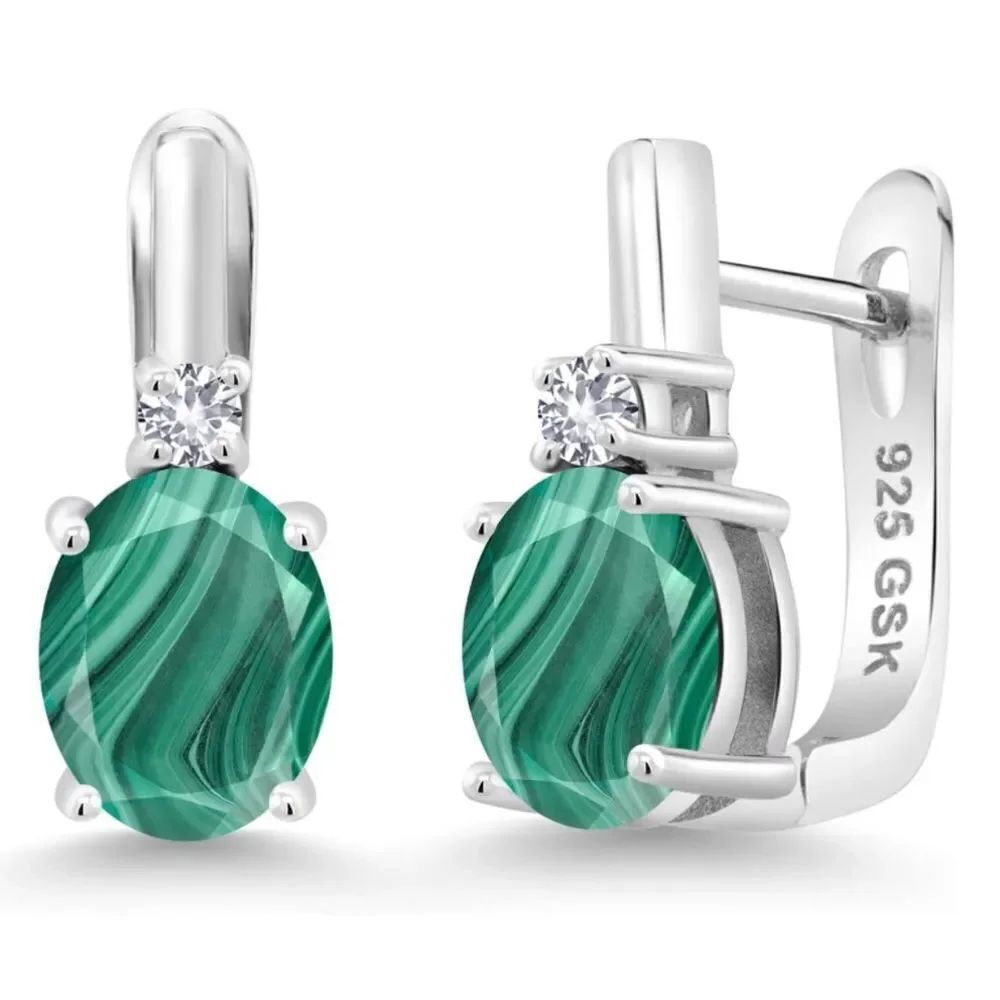 925 Sterling Silver with 5.10 Cttw Malachite and White Sapphire Oval Earrings